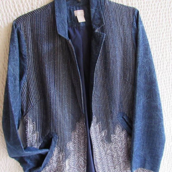 Long Denim Embordered Jacket Duster M Khaki White Stitching Lightweight Pockets - Picture 10 of 14